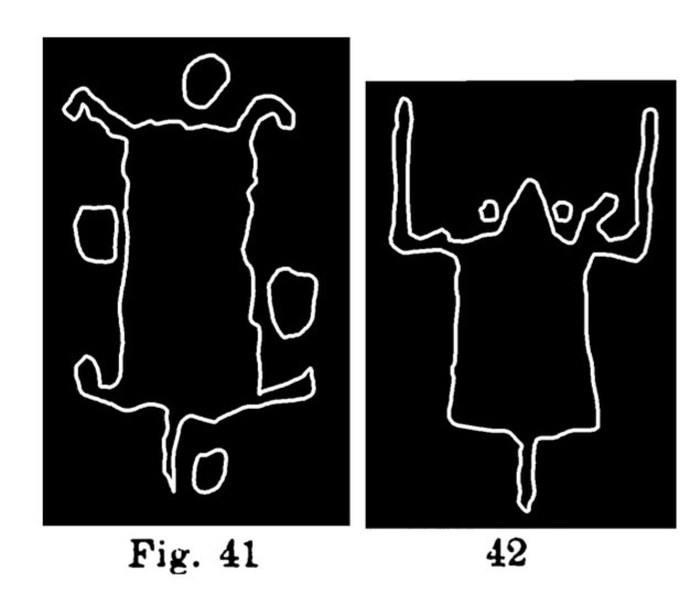 Fig. 41. Pelle di quadrupede. Fontanalba. lunghezza originale m.0,39 (Bicknell). Fig. 42. Schema o pelle di bovino. Val d'Inferno. lunghezza originale m. 0,185 (Clugnet).